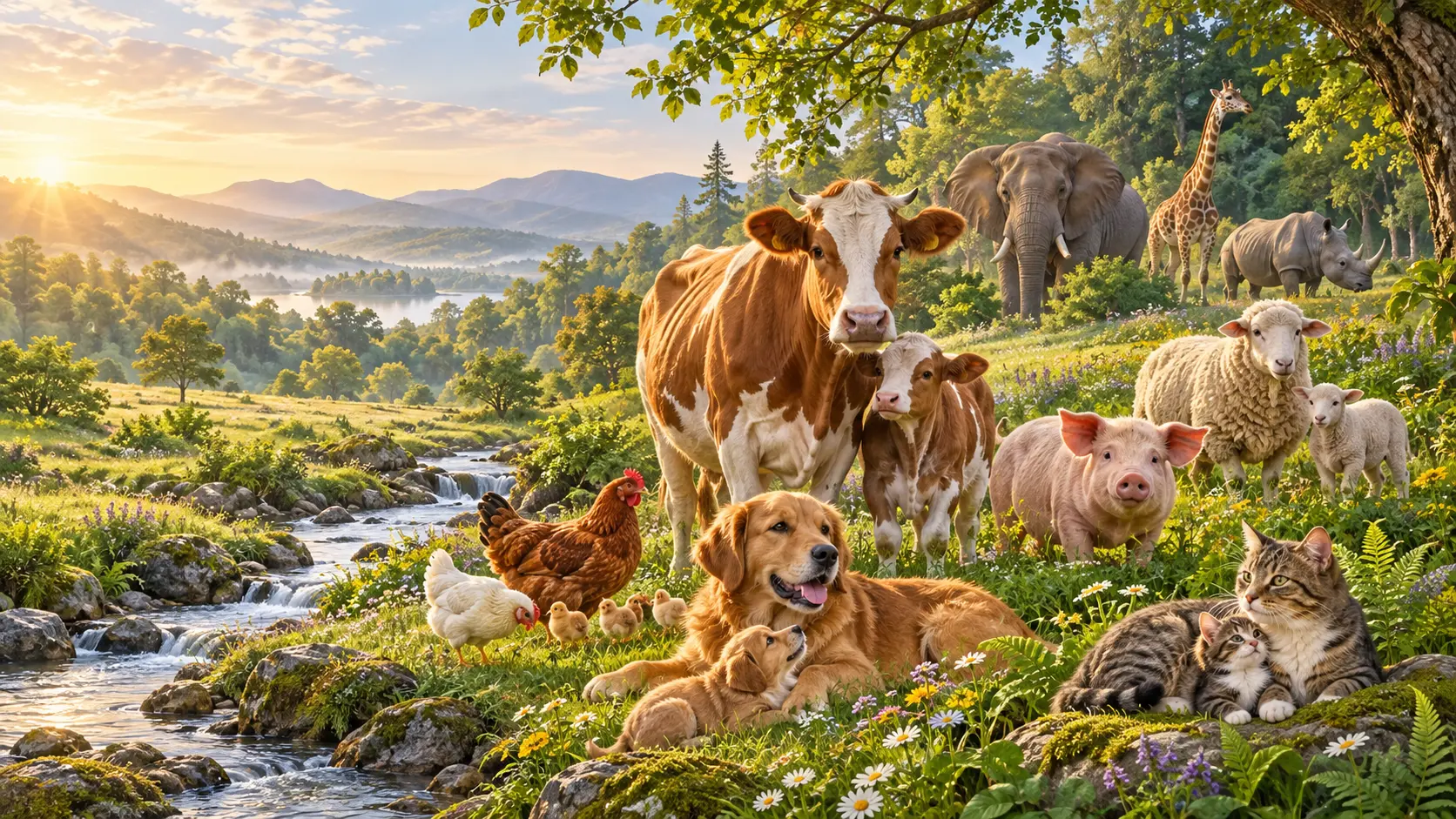 A cow and calf, dogs and puppies, cats and kittens, chickens, sheep, a pig, an elephant, a giraffe and a rhino sharing a green landscape