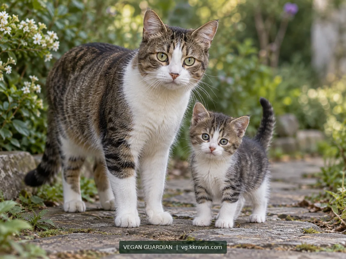 An adult cat and a kitten in a garden
