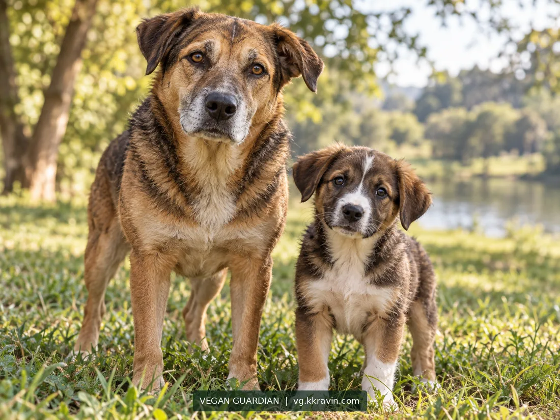 An adult dog and a puppy outdoors